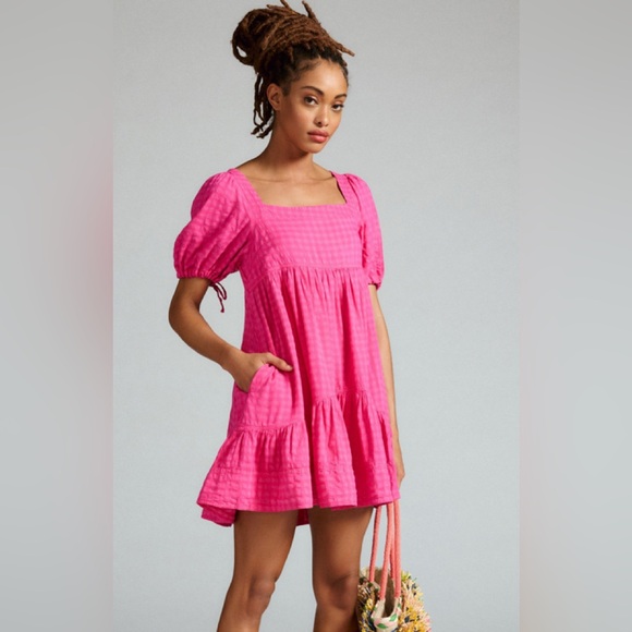 Pilcro by Anthropologie Pink Square-Neck Textured Babydoll Dress - Picture 2 of 15